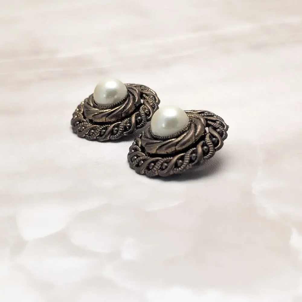 Vintage Clip On Earrings Large Chunky Statement Dark Bronzeish Tone Faux Pearl